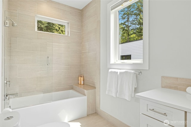 6686 NE Ralston Rd, Bainbridge Island, WA 98110 - full bath with vanity, enclosed tub / shower combo, and tile patterned flooring