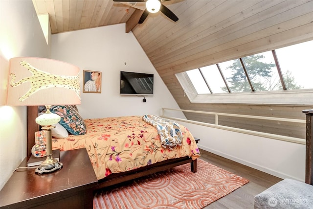 3030 14th Ave W Unit 303, Seattle, WA 98119 - bedroom featuring wood finished floors, wooden ceiling, a skylight, and ceiling fan