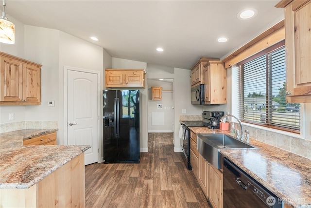 276 Canal Dr NE, Ocean Shores, WA 98569 - kitchen featuring black appliances, light brown cabinets, dark wood-style flooring, lofted ceiling, and recessed lighting