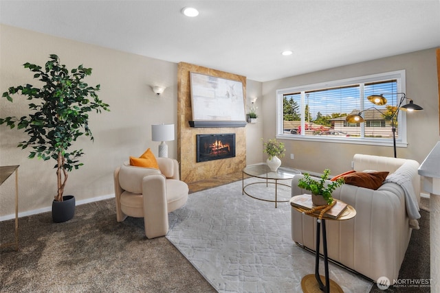 14715 57th Ave S, Tukwila, WA 98168 - living area with a fireplace, carpet, and recessed lighting