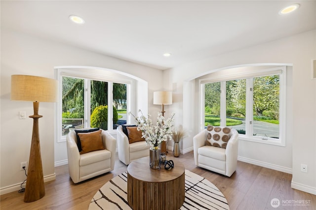 7001 Palm Ln, Anacortes, WA 98221 - living room featuring healthy amount of natural light, wood finished floors, recessed lighting, and arched walkways