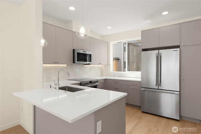 9217B 14th Ave NW, Seattle, WA 98117 - kitchen with premium appliances, gray cabinets, a peninsula, light wood-type flooring, and backsplash