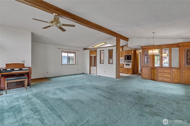 206 Noble Fir Cir, Enumclaw, WA 98022 - unfurnished living room featuring a chandelier, light colored carpet, a textured ceiling, and a ceiling fan