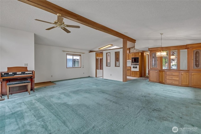 206 Noble Fir Cir, Enumclaw, WA 98022 - unfurnished living room featuring a chandelier, light colored carpet, a textured ceiling, and ceiling fan