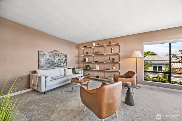 2360 43rd Ave E Unit 404, Seattle, WA 98112 - living room featuring carpet floors and lofted ceiling