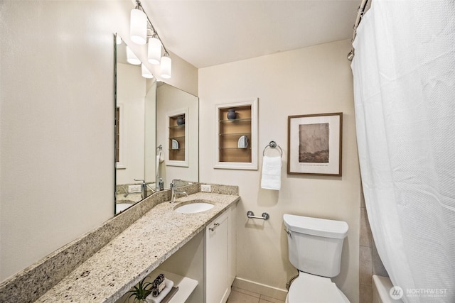 2360 43rd Ave E Unit 404, Seattle, WA 98112 - full bathroom with vanity, shower / tub combo, and tile patterned flooring