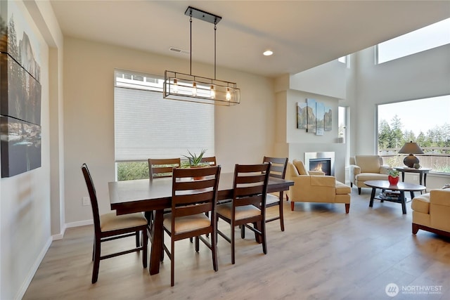 4615 SW Olivine Dr SW, Port Orchard, WA 98367 - dining room featuring light wood-type flooring, a glass covered fireplace, healthy amount of natural light, and recessed lighting