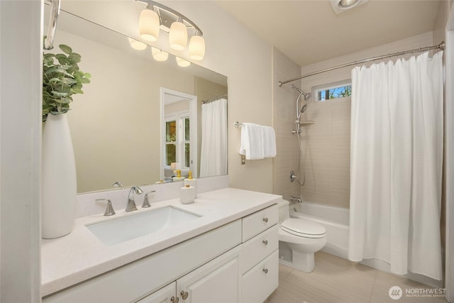 7089 NE Bay Hill Rd, Bainbridge Island, WA 98110 - full bathroom featuring vanity, shower / bath combination with curtain, and tile patterned flooring