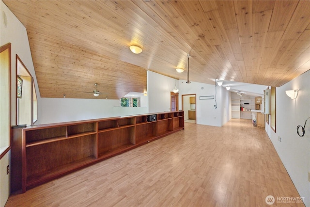 7554 Guemes Island Rd, Anacortes, WA 98221 - unfurnished living room with vaulted ceiling, wood ceiling, a ceiling fan, light wood-style floors, and plenty of natural light
