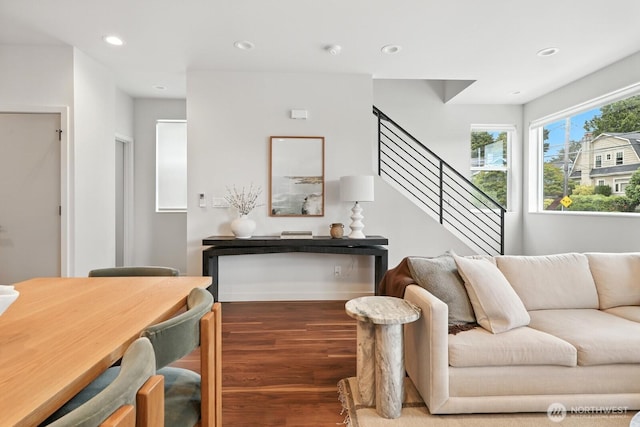 4119 Wallingford Ave N Unit C, Seattle, WA 98103 - living area featuring wood finished floors, recessed lighting, and stairs