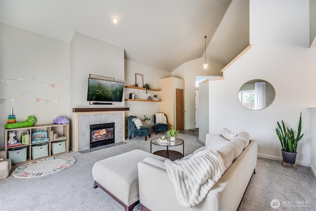 6713 135th E, Puyallup, WA 98373 - carpeted living room with lofted ceiling and a fireplace