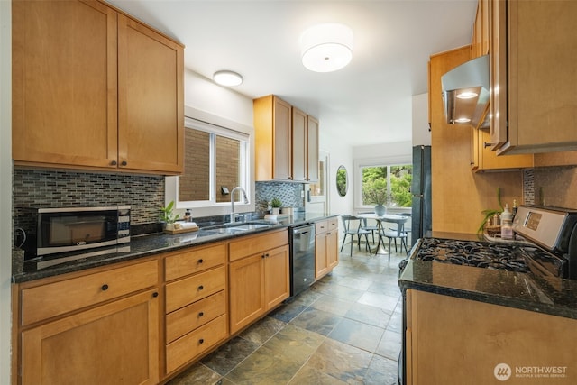 1222 6th Ave N, Seattle, WA 98109 - kitchen featuring extractor fan, stainless steel appliances, backsplash, and dark stone countertops