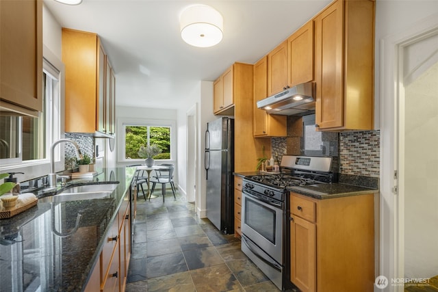 1222 6th Ave N, Seattle, WA 98109 - kitchen featuring appliances with stainless steel finishes, under cabinet range hood, tasteful backsplash, dark stone finish floors, and dark stone countertops