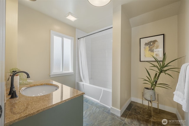 1222 6th Ave N, Seattle, WA 98109 - bathroom featuring vanity and shower / bath combo with shower curtain