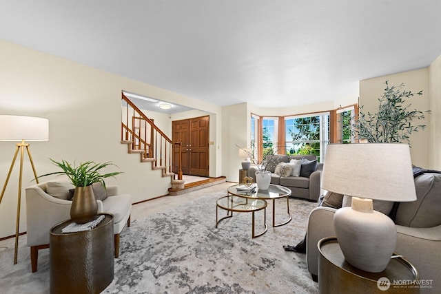 16909 NE 37th Pl, Bellevue, WA 98008 - carpeted living area with stairs and baseboards