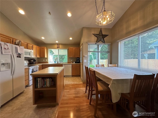 15015 105th Ave SE, Yelm, WA 98597 - kitchen with white appliances, light countertops, a chandelier, a center island, and recessed lighting