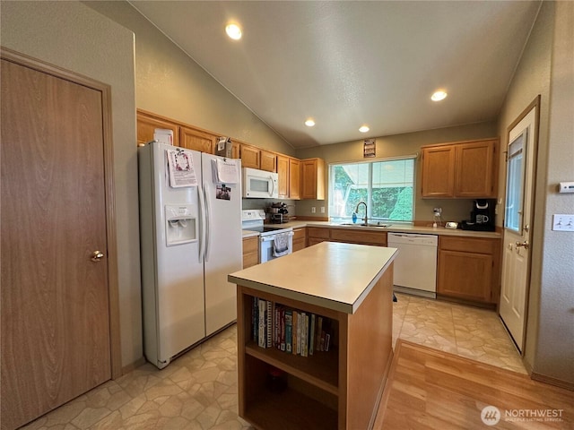 15015 105th Ave SE, Yelm, WA 98597 - kitchen featuring white appliances, light countertops, open shelves, vaulted ceiling, and a center island
