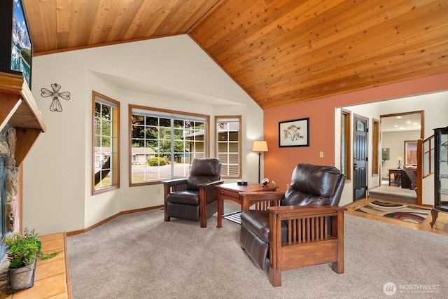 44520 SE 144th St, North Bend, WA 98045 - sitting room featuring lofted ceiling, wood ceiling, and carpet flooring