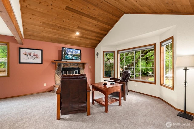 44520 SE 144th St, North Bend, WA 98045 - home office with wood ceiling, vaulted ceiling, carpet, and a stone fireplace