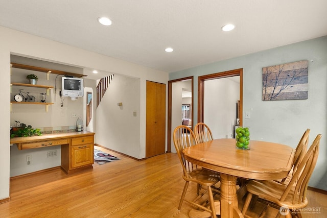 44520 SE 144th St, North Bend, WA 98045 - dining room with light wood-type flooring, recessed lighting, stairs, and an office area