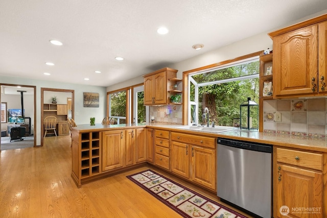 44520 SE 144th St, North Bend, WA 98045 - kitchen with stainless steel dishwasher, open shelves, light countertops, and recessed lighting