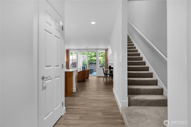 7549 SE 29th St Unit 301, Mercer Island, WA 98040 - staircase with wood finished floors and recessed lighting