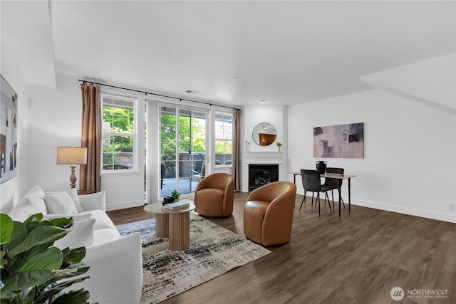 7549 SE 29th St Unit 301, Mercer Island, WA 98040 - living area with a glass covered fireplace and dark wood-type flooring