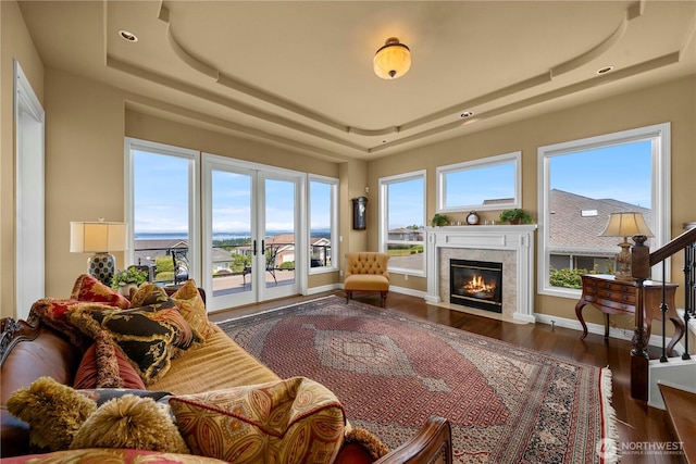2014 Parkview Dr NE, Tacoma, WA 98422 - living room featuring a tray ceiling, french doors, plenty of natural light, a fireplace, and recessed lighting