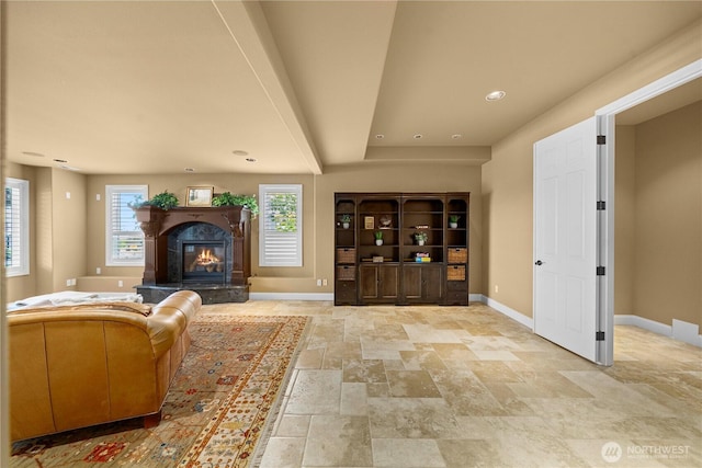 2014 Parkview Dr NE, Tacoma, WA 98422 - living area featuring stone tile floors, a fireplace, and recessed lighting