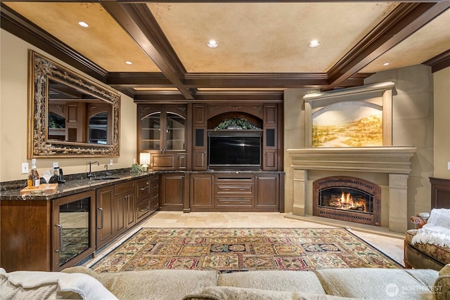 2014 Parkview Dr NE, Tacoma, WA 98422 - bar area with beverage cooler, crown molding, recessed lighting, beam ceiling, and a lit fireplace