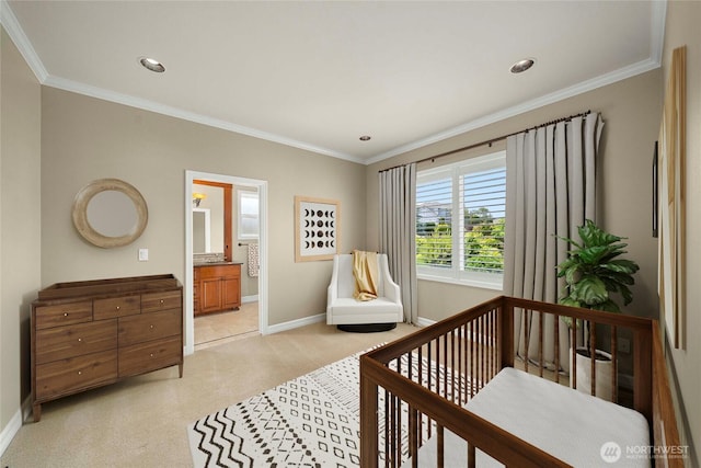 2014 Parkview Dr NE, Tacoma, WA 98422 - bedroom featuring light colored carpet, ornamental molding, recessed lighting, and a crib
