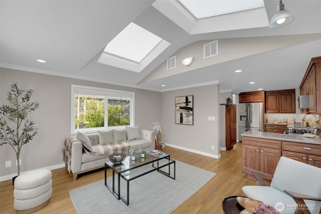 8410 9th Ave SW, Seattle, WA 98106 - living room with a skylight, lofted ceiling, light wood-style floors, recessed lighting, and crown molding