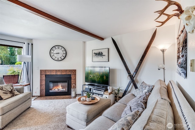 1102 8th St NE Unit 22, Auburn, WA 98002 - living area featuring a tile fireplace and beam ceiling