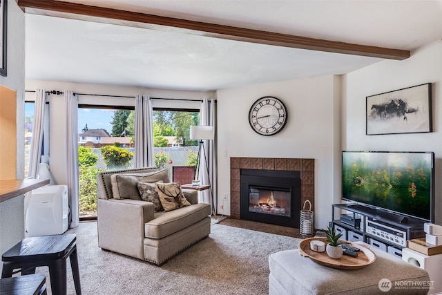 1102 8th St NE Unit 22, Auburn, WA 98002 - living room with beamed ceiling, carpet, and a fireplace