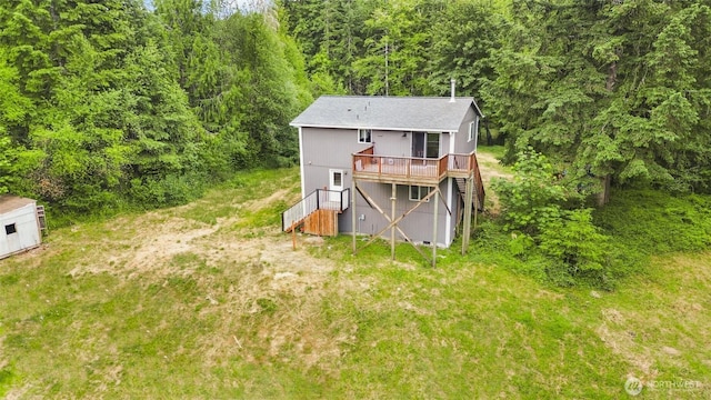60 E Olyview Pl, Grapeview, WA 98546 - rear view of house featuring stairway, a wooden deck, and a wooded view