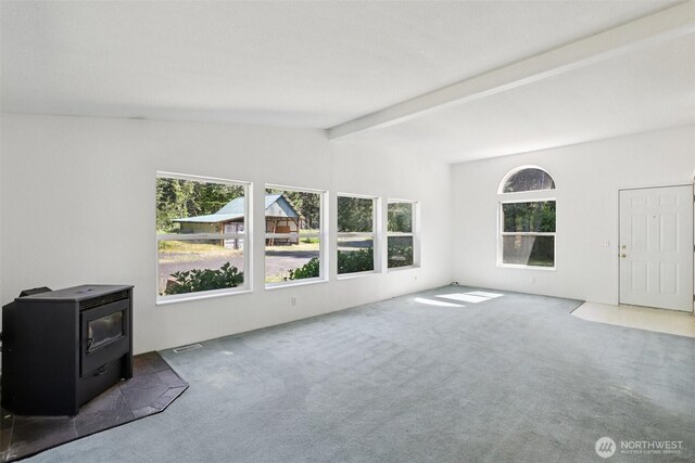 801 Hemlock Rd, Carson, WA 98610 - unfurnished living room featuring carpet and a wood stove