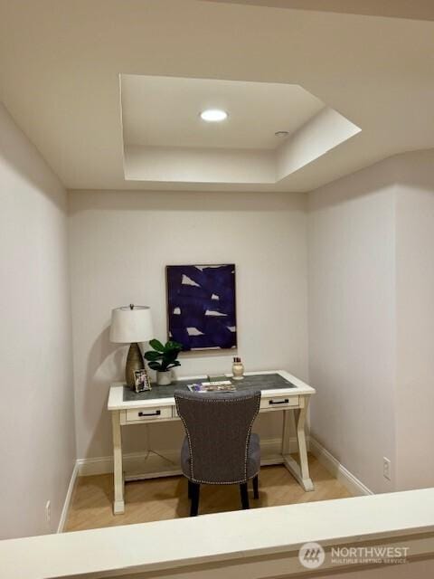 10047 Main St Unit 319, Bellevue, WA 98004 - home office with a raised ceiling, wood finished floors, and recessed lighting