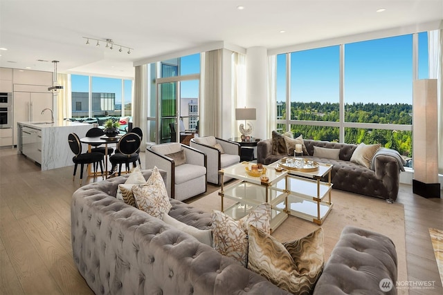 10650 NE 9th Pl Unit 2524, Bellevue, WA 98004 - living room featuring light wood-style flooring, a wall of windows, and rail lighting