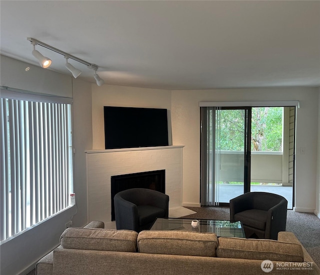 4800 200th St SW Unit E205, Lynnwood, WA 98036 - carpeted living area featuring a fireplace and baseboards