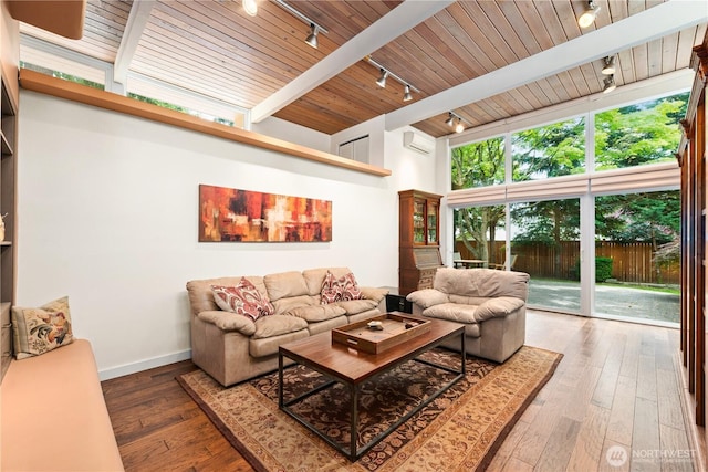 7623 NE 123rd St, Kirkland, WA 98034 - living area with rail lighting, wood ceiling, a wall mounted AC, and hardwood / wood-style floors
