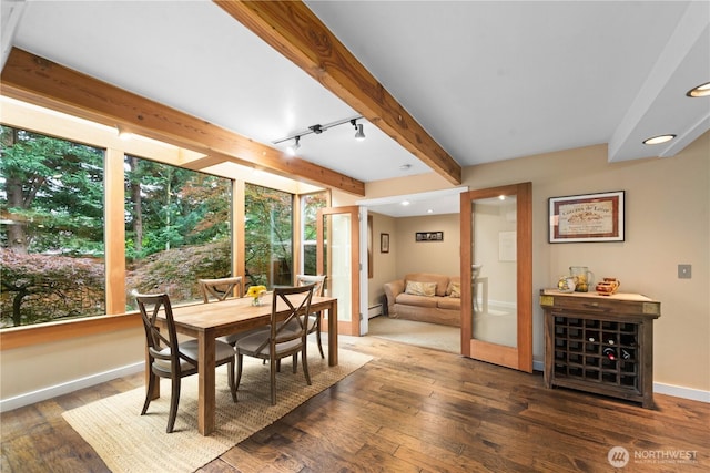7623 NE 123rd St, Kirkland, WA 98034 - dining area with beam ceiling, plenty of natural light, dark wood-style floors, recessed lighting, and rail lighting