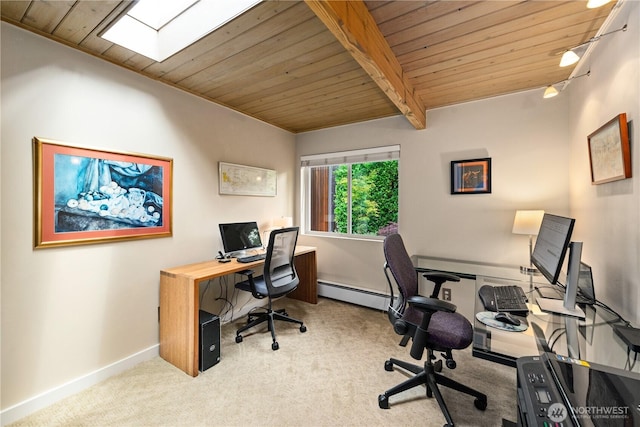 7623 NE 123rd St, Kirkland, WA 98034 - office area featuring wooden ceiling, carpet flooring, and baseboard heating