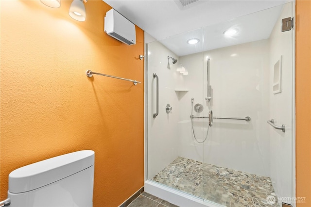 7623 NE 123rd St, Kirkland, WA 98034 - bathroom with a shower stall, tile patterned floors, and recessed lighting