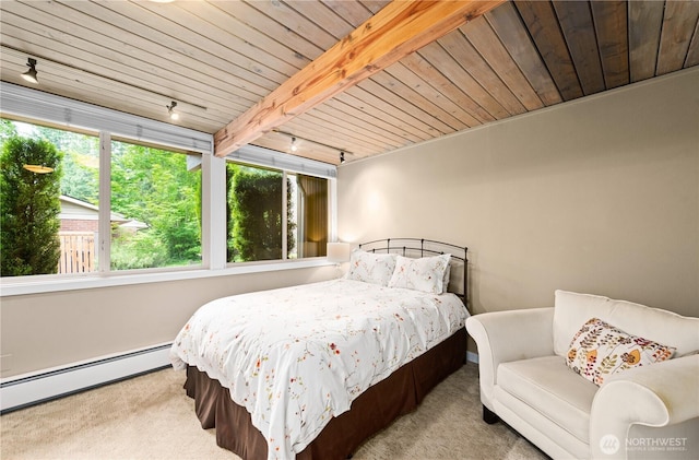 7623 NE 123rd St, Kirkland, WA 98034 - bedroom featuring rail lighting, carpet floors, baseboard heating, and wooden ceiling