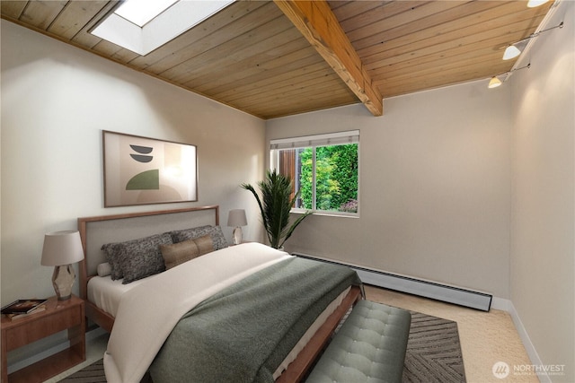 7623 NE 123rd St, Kirkland, WA 98034 - bedroom with a wooden ceiling with exposed beams, baseboard heating, a skylight, and carpet