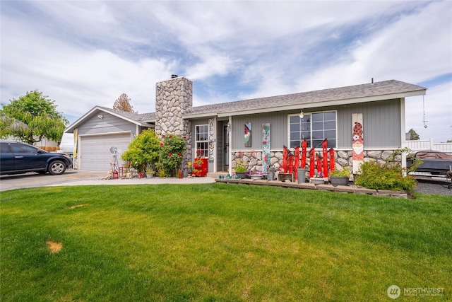 327 N Grape Dr, Moses Lake, WA 98837 - ranch-style house with a front lawn, a chimney, an attached garage, driveway, and stone siding