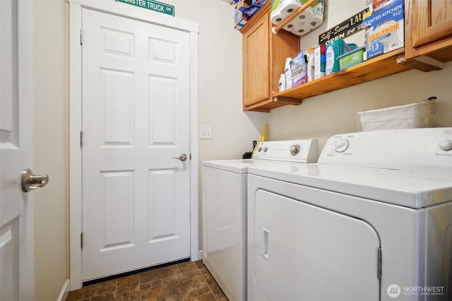 16 NW 23rd St, Battle Ground, WA 98604 - washroom featuring washing machine and clothes dryer, cabinet space, and stone finish floors