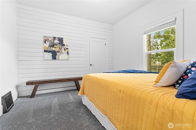 1584 Main St, Lynden, WA 98264 - bedroom featuring carpet flooring, ornamental molding, and wood walls