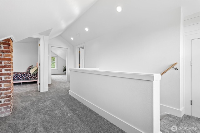1584 Main St, Lynden, WA 98264 - hallway featuring carpet floors, vaulted ceiling, an upstairs landing, and recessed lighting