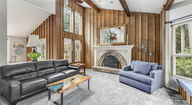 12350 SE 96th Pl, Renton, WA 98056 - carpeted living area featuring wood walls and a fireplace